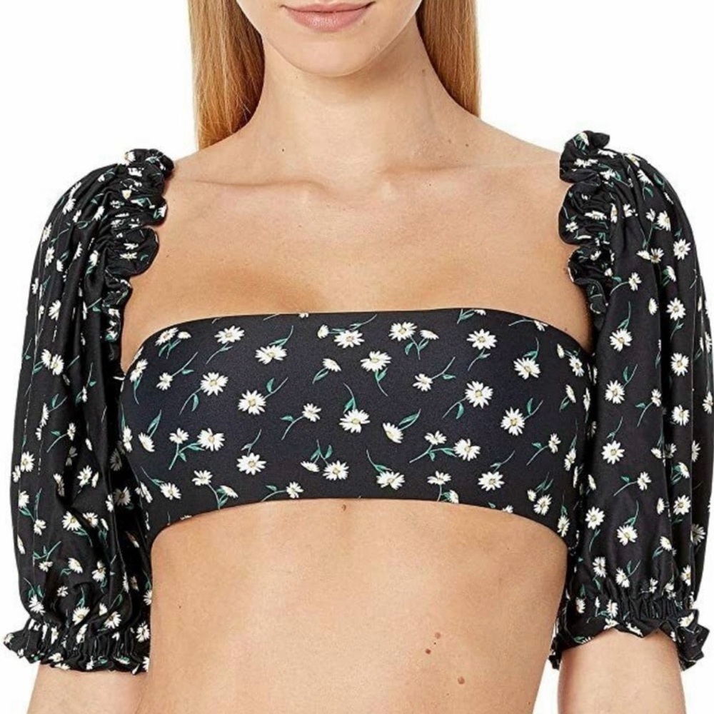 Onia x WeWoreWhat Daisy Floral Bikini Top Size L NWT Puff Sleeve Black Swim